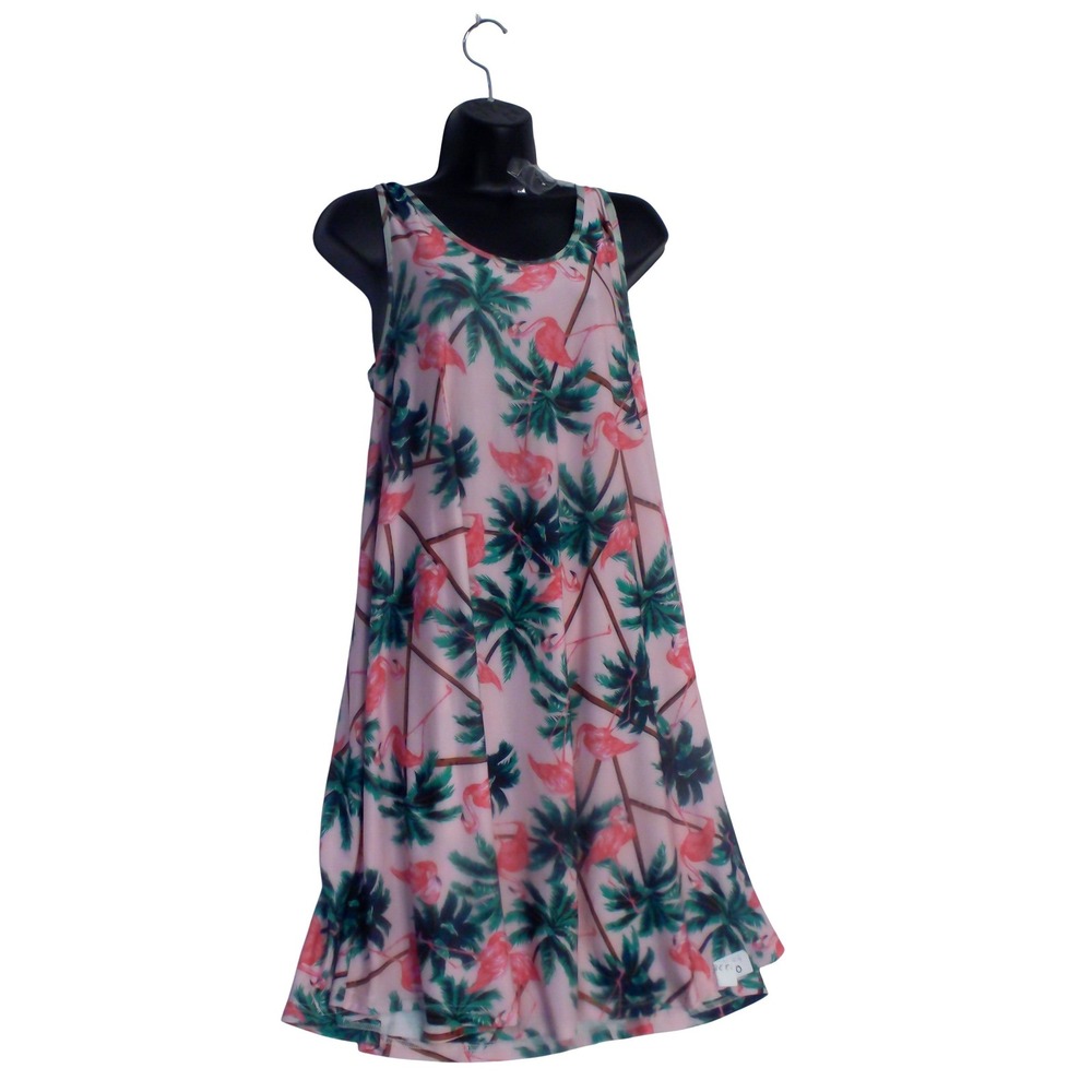 Pink Flamingo Palm Tree Tropical Print Sleeveless Midi Dress Pink Green Summer